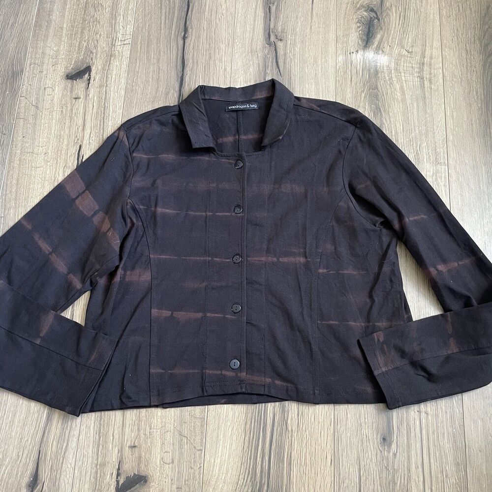 Snapdragon & Twig Lagenlook Shirt Button Front Top Sz Large Black Brown Collared